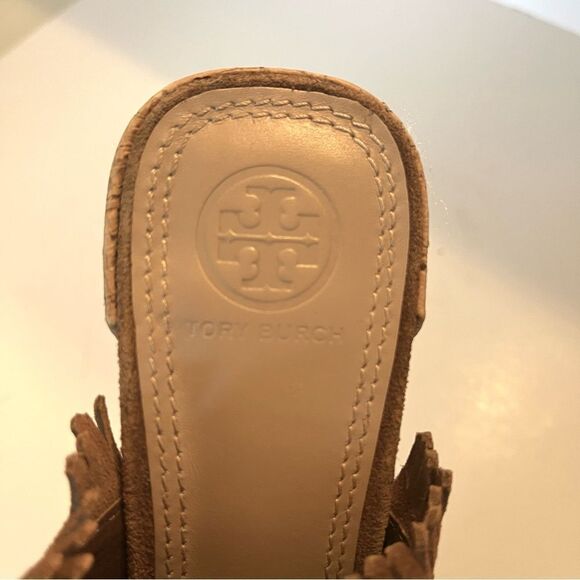 Tory Burch Huntington Camel Suede Fringe Slide Mules in Tan Size 8 - Picture 7 of 13